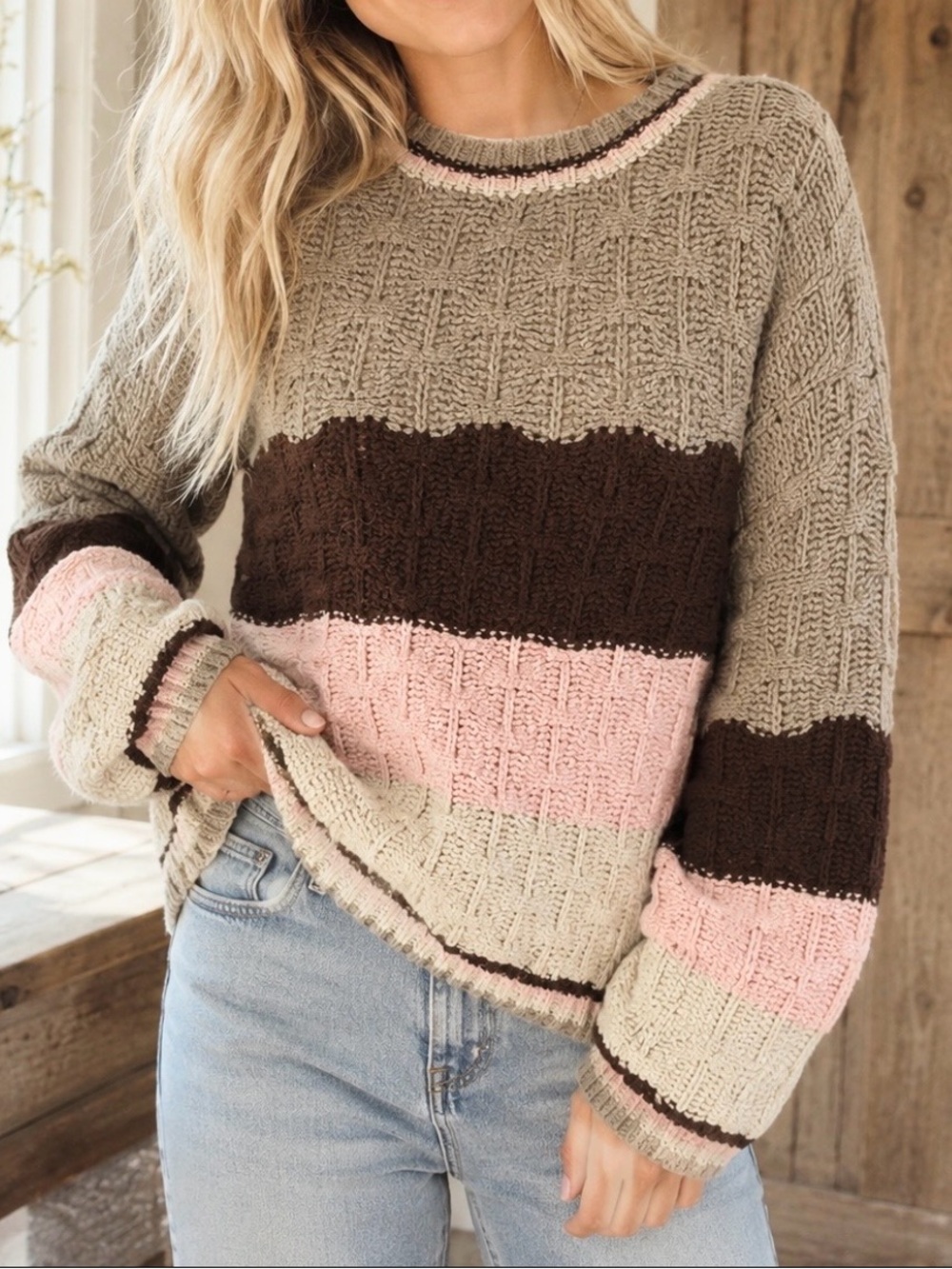BiBi Color-Block Basketweave Knit Sweater. Women’s Sz-L Brown | Pink | Beige
